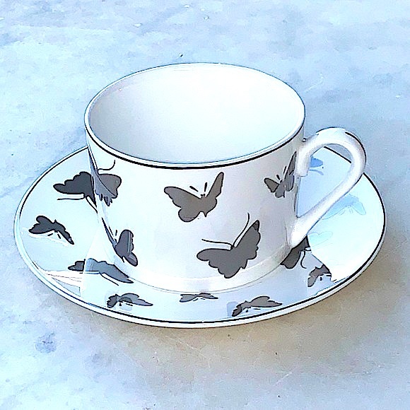 GRACES TEAWARE SILVER METALLIC BUTTERFLY’S FLAT CUP SAUCER SET NEW PORCELAIN - Picture 3 of 9